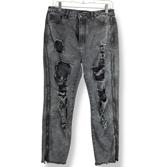 American Bazi Distressed Jeans Womens Size Large Black Denim Edgy Unique Zippers - Picture 13 of 13